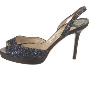 Jimmy Choo Nova Black Glitter PeepToe Sling Back Platform Sandals 38 1/2
